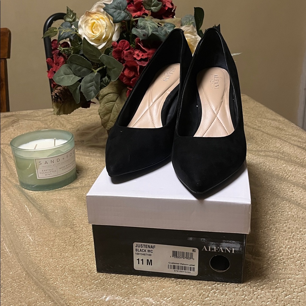 Black Suede Sculptural Heel Pumps